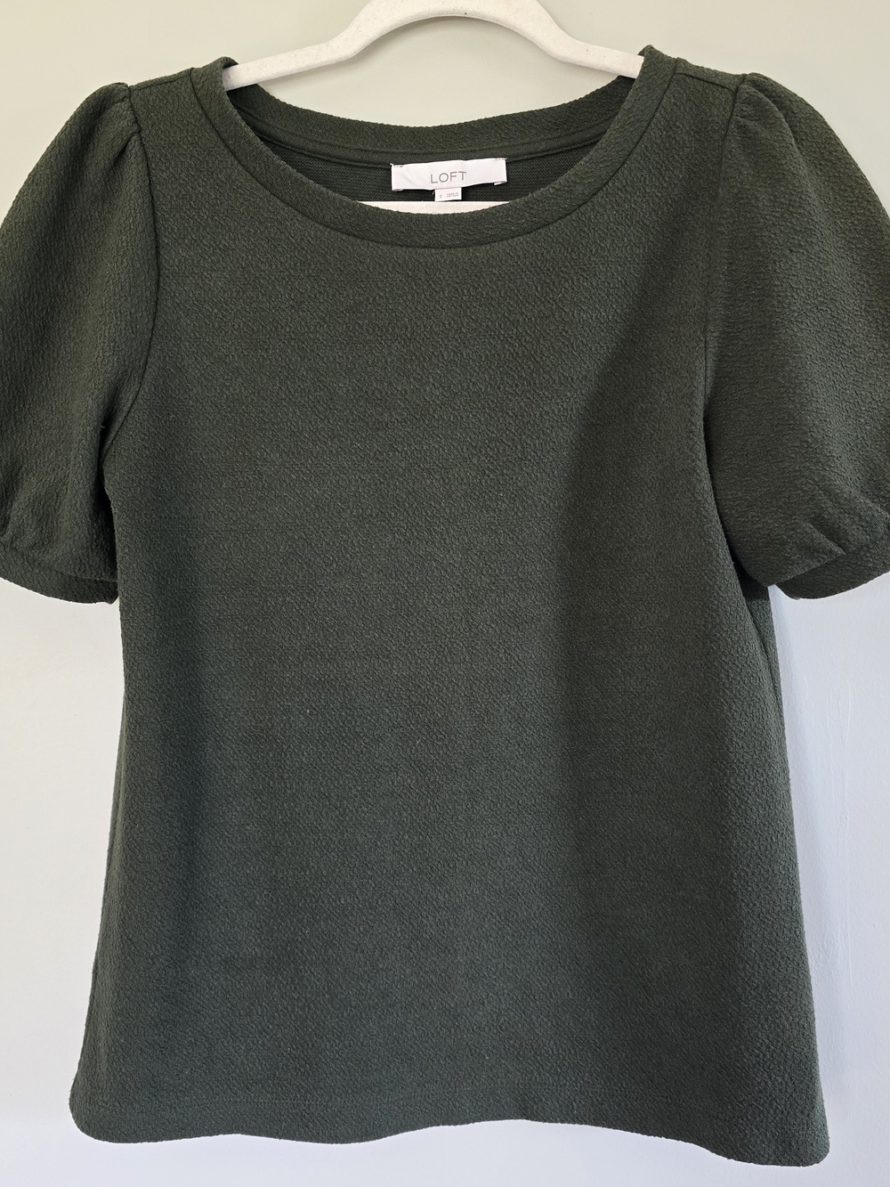 LOFT Olive Green Short Sleeve Puff Shoulder Top